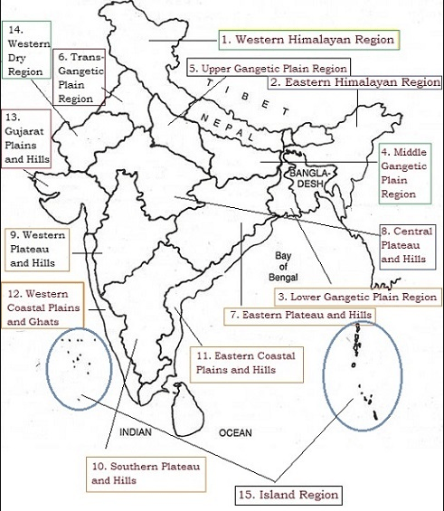 Dry
Gujarat
and Hills
12. Western
Plains
and
I. Western Himalayan Region
5. Upper Gangetic Region
2. Eastern
4. Middle
8. Central
Plateau
and Hill g
3. Inver
7. Eastern and Hill g
Plains and Hills
O. em Plateau
15. Island Region