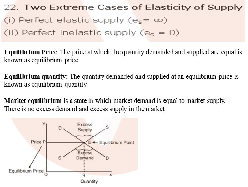22. Tvvo Extreme Cases of Elasticity of Supply
(i) Perfect elastic supply (es= co)
(i i) Perfect inelastic supply (es = O)
Equilibrium Price: The price at which the quantity demanded and supplied are equal is
known as equilibrium price.
Equilibrium quantity: The quantity demanded and supplied at an equilibrium price is
known as equilibrium quantity.
Market equilibrium is a state in which market demand is equal to market supply.
There is no excess demand and excess Simly in the market
price P
s
Equilibnum Price
Excess
s
E Equilibrium pent
Deriand O
q
Quantity