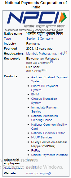 National Payments Corporation of 
India 
NPCI' 
Industry 
d 
SZion 8 
2C08: 12 
Mumlf. Indiam 
Key Ropie 
(MD & CEO)131141 
Ensiled 
Syste m 
Syste m 
Syste m 
• Immediate 
Clew-ing 
"'Oility 
Fir* real Switch 
Nuup seviæs 
We b site 
org]n$ 