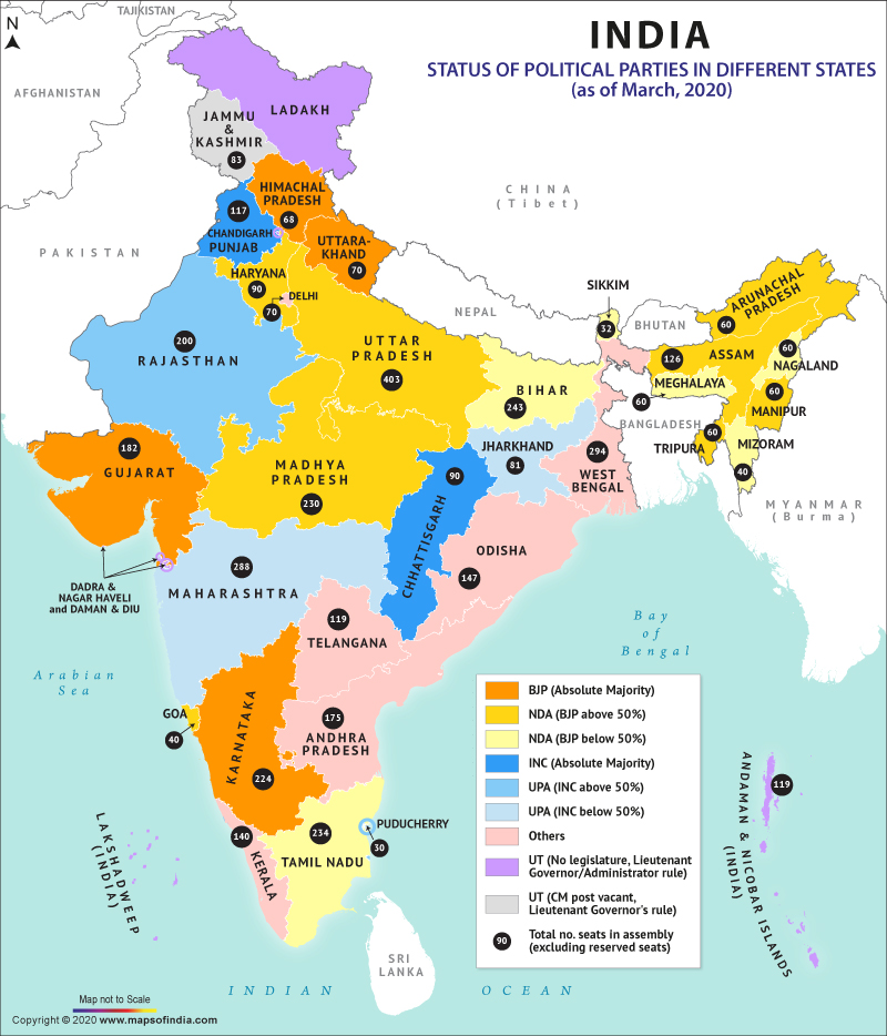 TAJI
ISTAN
AFGHANISTAN
LADAKH
JAMMU
KASHMIR
HIMACHA
PRADESH
p AK I s TAN
DELHI
INDIA
STATUS OF POLITICAL PARTIES IN DIFFERENT STATES
(as of March, 2020)
CHINA
N DIGARYD„
ÅARYANA
UTTA
KHAND
(Tibet)
NEPAL
SIKKIM
BHUTAN
UTTAR
PRADESH
O
ASSAM
RAJASTHAN
GUJARAT
BIHAR
JHARKHAND
ODISHA
MEGHALAYA
ANGLADESH
TRIPU
MADHYA
PRADESH
O
MAHARASHTRA
DADRA &
NAGAR HAVELI
and DAMAN & DIU
MAP mt ta Scale
WEST
BENGAL
Bengal
TELANGANA
ANDHRA
PRADESH
o
TAMIL NADU
LANKA
o
BJP (Absolute Majority)
NDA (BJP above 50%)
NDA (BJP below 50%)
INC (Absolute Majority)
(INC above 50%)
(INC below 50%)
UT (No legislature, Lieutenant
Gmernor/Administrator rule)
UT (CM post vacant,
Lieutenant Governor's rule)
Total no. seats in assembly
(excluding reserved seats)
o
MAN UR
74
Copyright 0 2020 m.mapsofindia.com