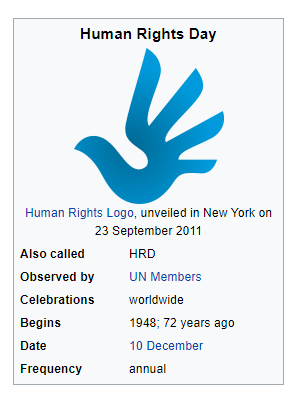 Human Rights Day
Human Rights Logo, unveiled in New York on
23 September 2011
Also called
Observed by
Celebrations
Begins
Frequency
UN Members
worldwide
1948; 72 years ago
10 December
annual